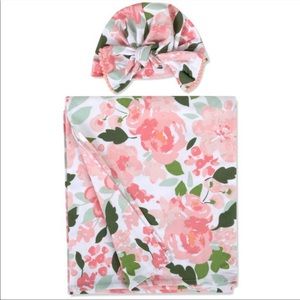 NWT Baby Essentials Rose Floral Swaddle Blanket with Turban Cap